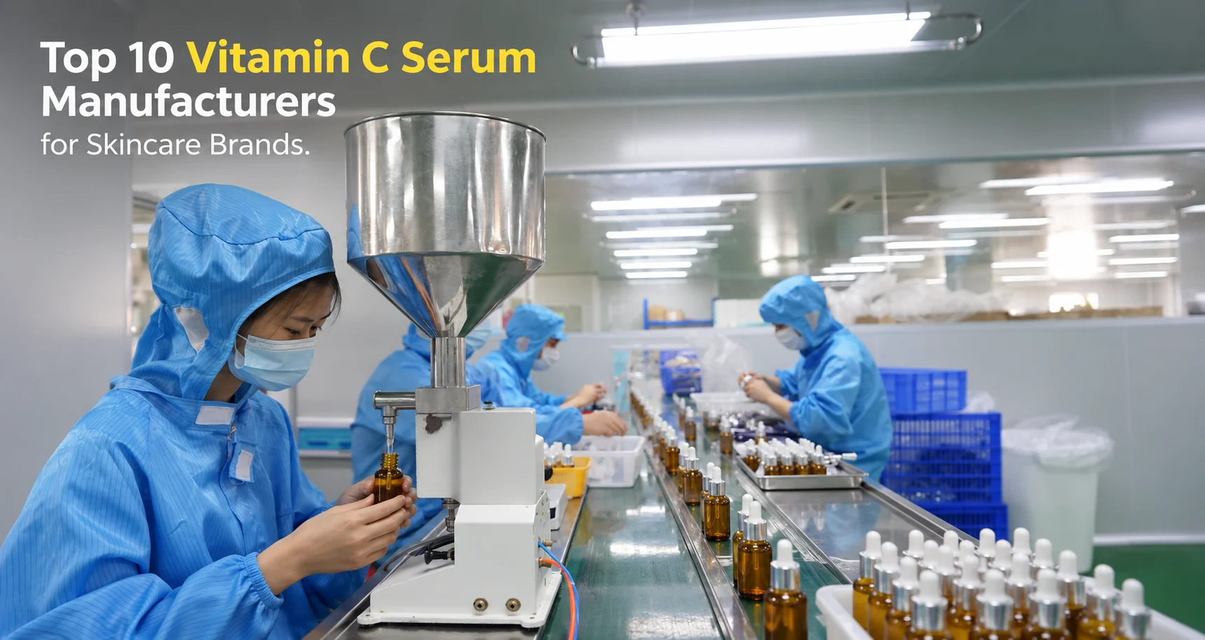 Workers in protective blue suits and masks operate equipment to fill and inspect small bottles for Vitamin C serum in a manufacturing facility.